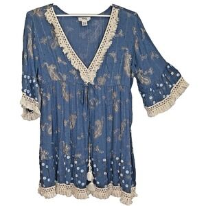 Zury Mini Dress Free Size Blue Gold Paisley Print Boho Fringe Festival Beachy